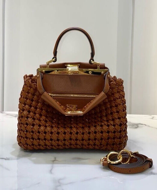 Fendi Peekaboo Iconic Mini Leather Interlace Bag 8BN244 Brown